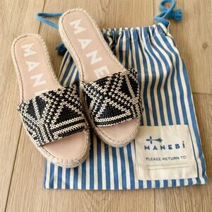 Manebi Yucatán Raffia Black Natural Double Soled Sandals 39 8.5